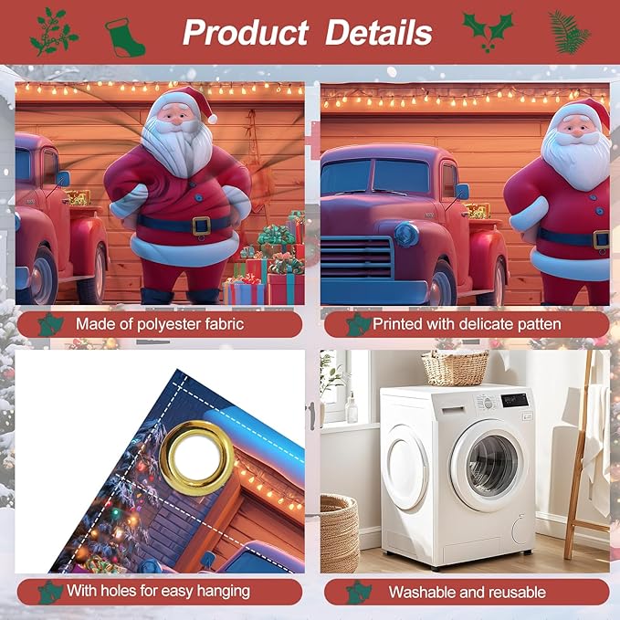 Santa and Truck Christmas Garage Door Banner 7x16FT, Holiday Scene with Santa, Gifts, and Vintage Truck, Large Outdoor Xmas Decoration for Garage Doors