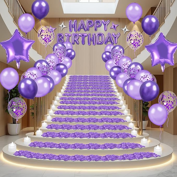 Purple Happy Birthday Balloons Decorations Purple Lavender Birthday Balloon Letters Banner with 6 Pcs Star Balloons Artificial Rose Petals 24 Flameless LED Candles for Room Hotel Party Decorations
