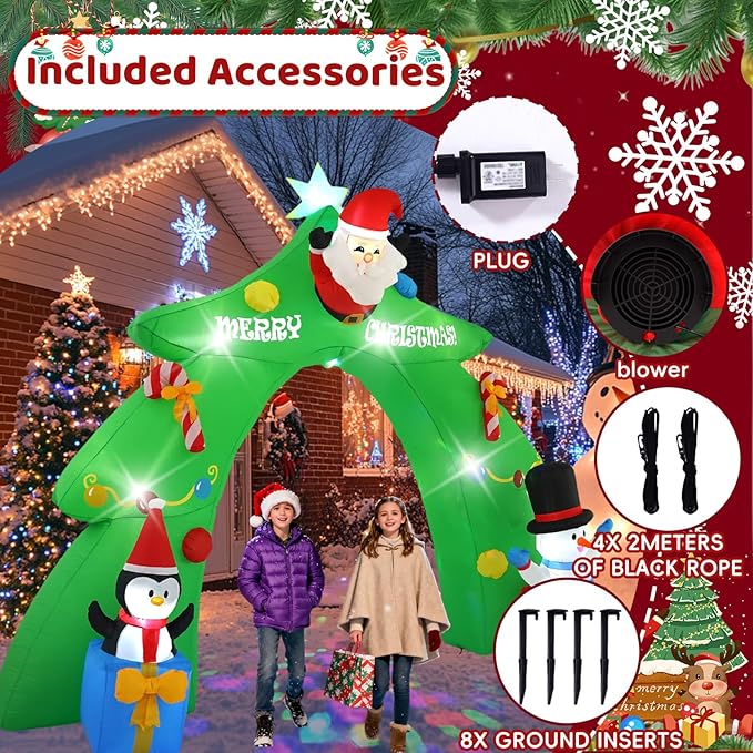 12 FT Santa's Candy Tree Arch Outdoor Inflatable with Rotating LED Colorful Lights for Christmas Holiday Party Decoration, Winter Garden Decoration