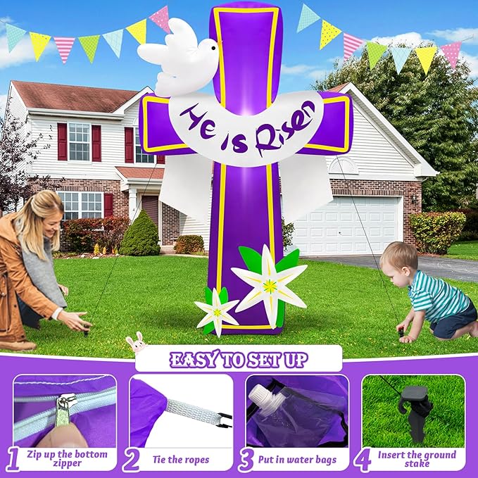 MICOCAH 4.5FT Easter Inflatables Outdoor Decorations He is Risen Inflatable Cross Blow Up with Lilies and Doves Build in LED Lights for Indoor Yard Garden Lawn Party Holiday Christian