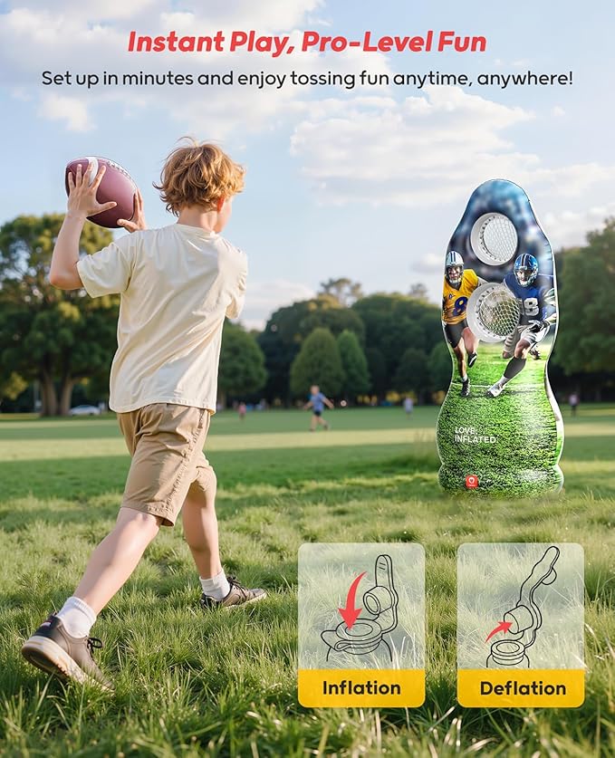 QPAU Dual-Hole Inflatable Football Target for Kids & Adults, Life-Size Backyard Toss Game with 4 Balls, Scoreboard & Pumps – Outdoor Toy for Boys Girls, Sports Training & Family Fun