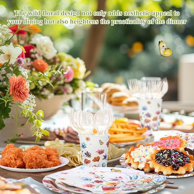 400 Pcs Wild Floral Disposable Paper Plates Napkins Cups Serve 50 Watercolor Floral Tableware Set for Spring Wedding Tea Party Decoration Bridal Shower Baby Shower(Cute Color,Novel Style)