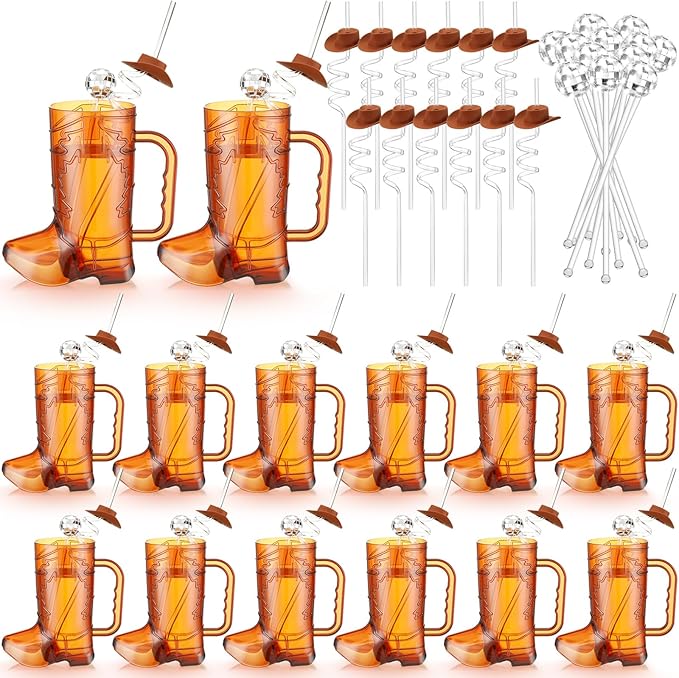 36 Pcs Cowboy Party Supplies, 12 Brown Cowboy Drink Mugs 12 Cowgirl Hat Straws 12 Mirror Disco Ball Stirrers for Western Theme Birthday Party Favors Decoration