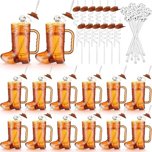 36 Pcs Cowboy Party Supplies, 12 Brown Cowboy Drink Mugs 12 Cowgirl Hat Straws 12 Mirror Disco Ball Stirrers for Western Theme Birthday Party Favors Decoration