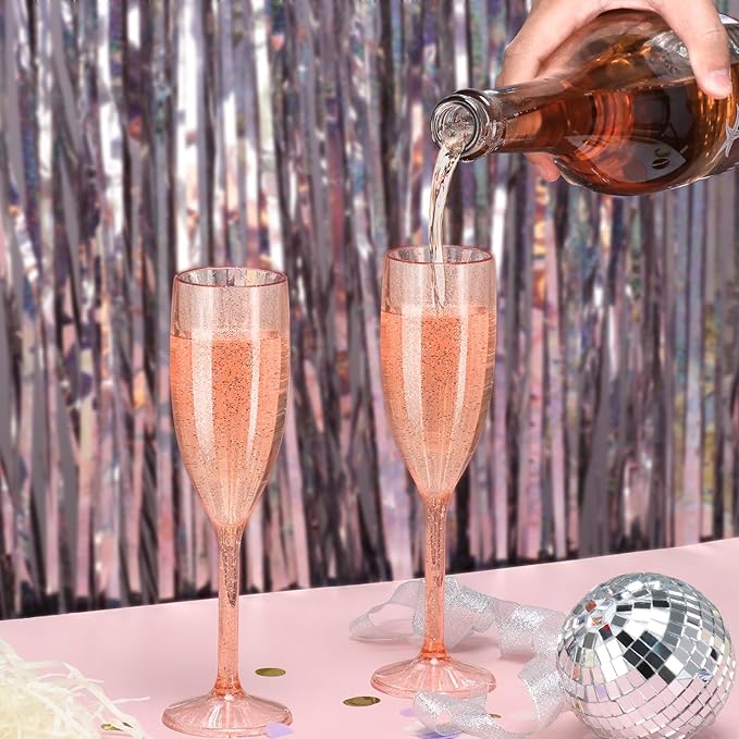 XUWAIDSGN 24 Pcs Reusable Champagne Flutes Plastic Wine Glasses Bulk Vintage Champagne Flutes Mimosa Bar Glasses Stemmed Drinking Cups 5.4OZ for Christmas Birthday Wedding Bride