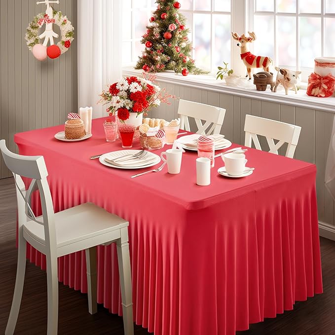 2 Packs Red Table Clothes for 8 Foot Rectangle Tables, Wrinkle Resistant Stretch Spandex Table Covers Fitted Tablecloth with Skirt for Valentines Event Banquet Wedding Birthday Party