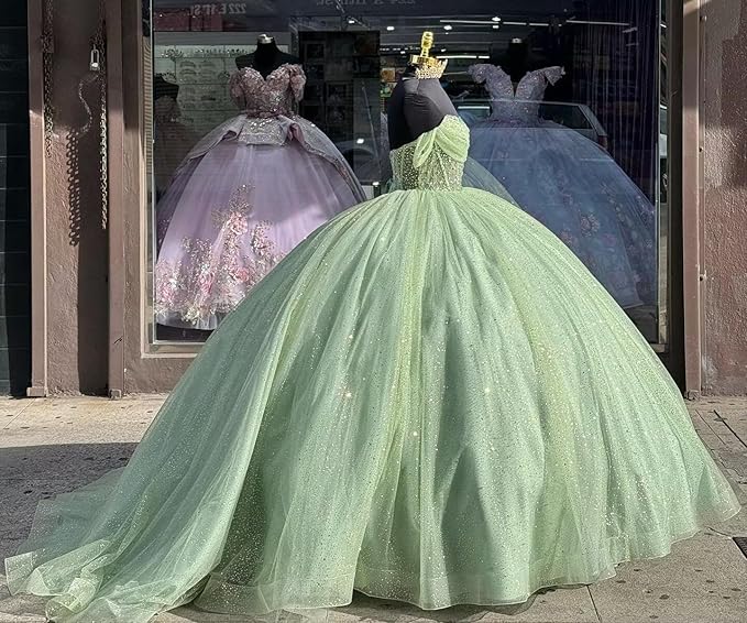 Youjiayi Glitter Tulle Quinceanera Dresses with Train Off Shoulder Beaded Sweet 16 Dresses Pleated Long Ball Gown for Women