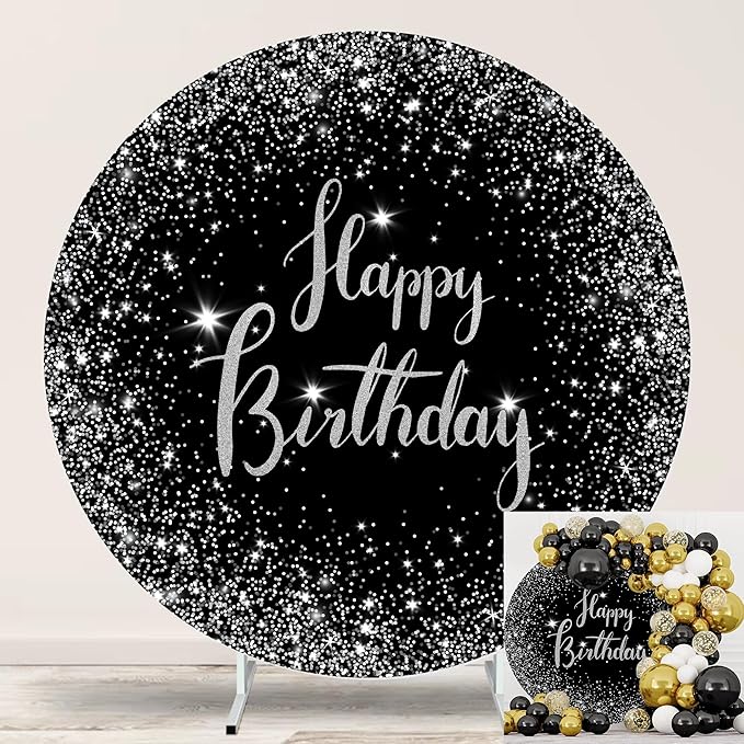 7.2ft Happy Birthday Round Backdrop Cover Black and Silver Birthday Circle Photography Background Glittering Stars Diamonds for Women Man Boys Girls Baby Birthday Party Decoration Photo Props