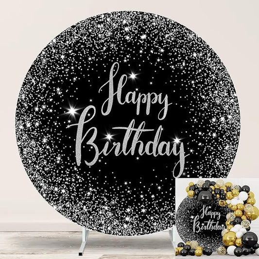 7.2ft Happy Birthday Round Backdrop Cover Black and Silver Birthday Circle Photography Background Glittering Stars Diamonds for Women Man Boys Girls Baby Birthday Party Decoration Photo Props