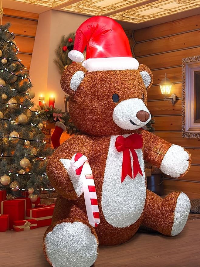 Kalolary Fluffy Bear Inflatable with LED Light, Christmas Blow Up Indoor Decoration, Xmas Teddy Yard Inflatable for Holiday Family Party Lawn Decor