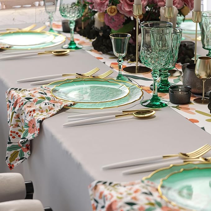 Exquisite Tinted Plates 80 Piece Plastic Disposable Plates for Party Set For 40 Guests 40 X 7.5 Dessert Plates & 40 X 10 Thin Delicate Fancy Plastic Plates Disposable Dinnerware Mint Gold Rim