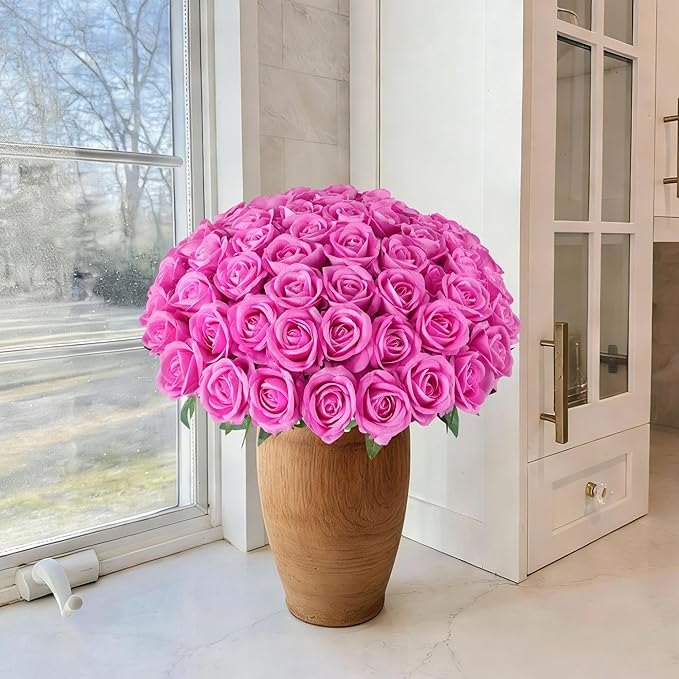 50 PCS Roses Artificial Flowers, Fake Roses with Stem Realistic Hot Pink Silk Rose for DIY Wedding Bouquets Table Centerpieces Arrangements Baby Shower Birthday Home Decor Valentine's Day Gift for Her