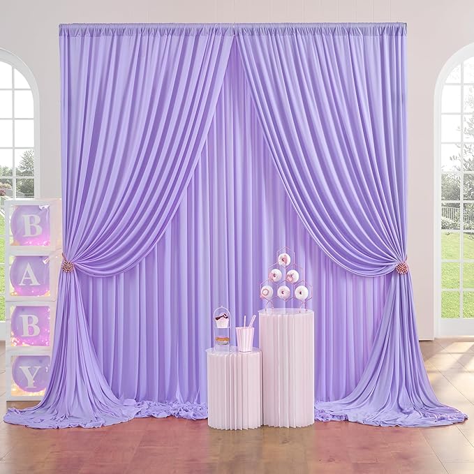 40ft×10ft Wrinkle Free Lavender Backdrop Curtain for Party, 8 Panels 5×10ft Soft Silky Polyester Light Purple Lilac Photo Backdrop Drapes for Birthday Baby Shower Mother's Day Wedding Photography