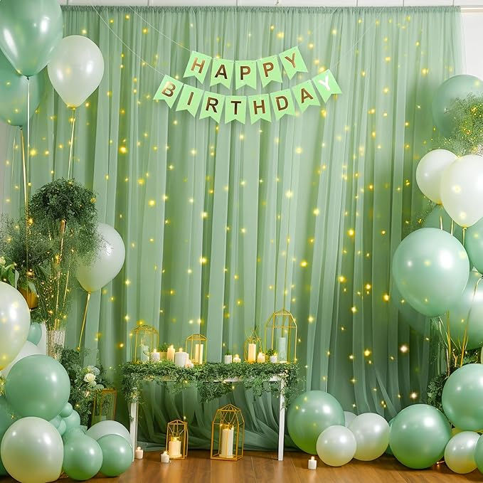 10x10ft Green Tulle Backdrop Curtain with Lights String for Parites, Sheer Photo Backdrop Curtains with Lights for Wedding Backdrop Ceremony Reception Bridal Shower Baby Shower Birthday Party