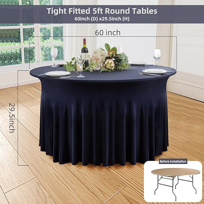 4 Pack Navy Blue Round Spandex Tablecloth 60 Inch, Wrinkle Free Stretch 120 Inch Fitted 5ft Navy Table Cloths Round Table Covers with Ruffle Skirt for Graduation Party Wedding Banquet