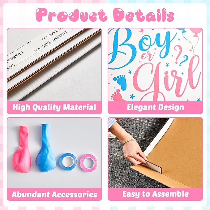 28 Inches Extra Large Gender Reveal Gift Box Kit with Oversized One Sided Printing Box Giant Pull Bows Balloon Ribbon for Gender Reveal Baby Shower Birthday Party Decor Supplies Not for Heavy-Duty