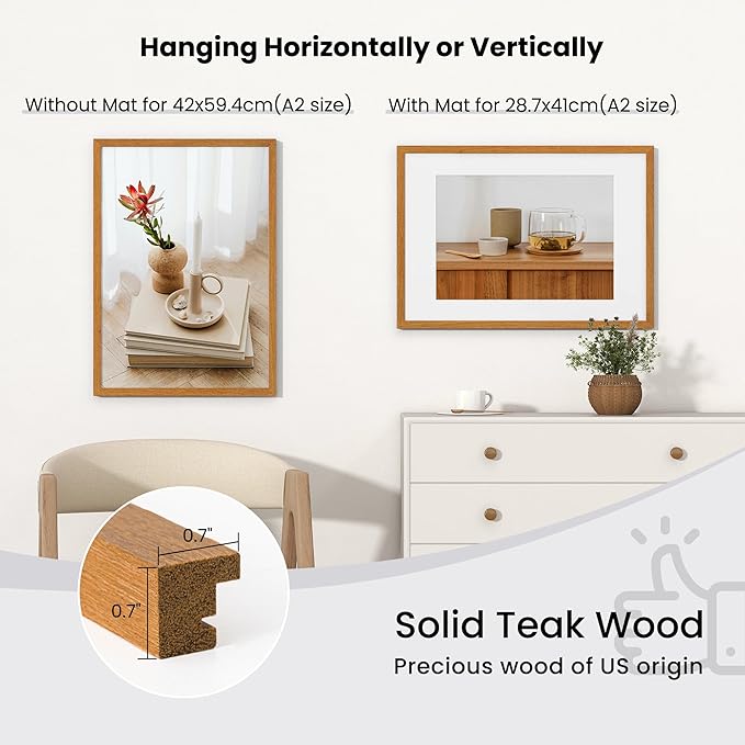 Axeman A2 Picture frame with mat for A3, Tempered Glass and Hanging Hardware Included Natural Teak Home Decor Art Hanging Poster Frame, Natural Teak