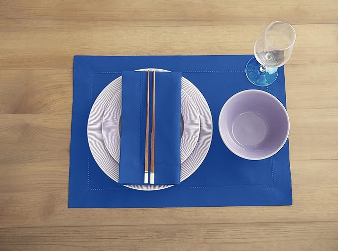 Solino Home Blue Placemats Set of 4 - Cotton Linen Hemstitch Placemats 14 x 19 Inch