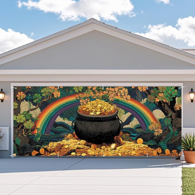 Pot of Gold St. Patrick’s Day Garage Door Banner 7x16FT, Lucky Clover & Rainbow Garage Door Cover, Outdoor Decoration for Yard & Garage on St. Patrick’s Day