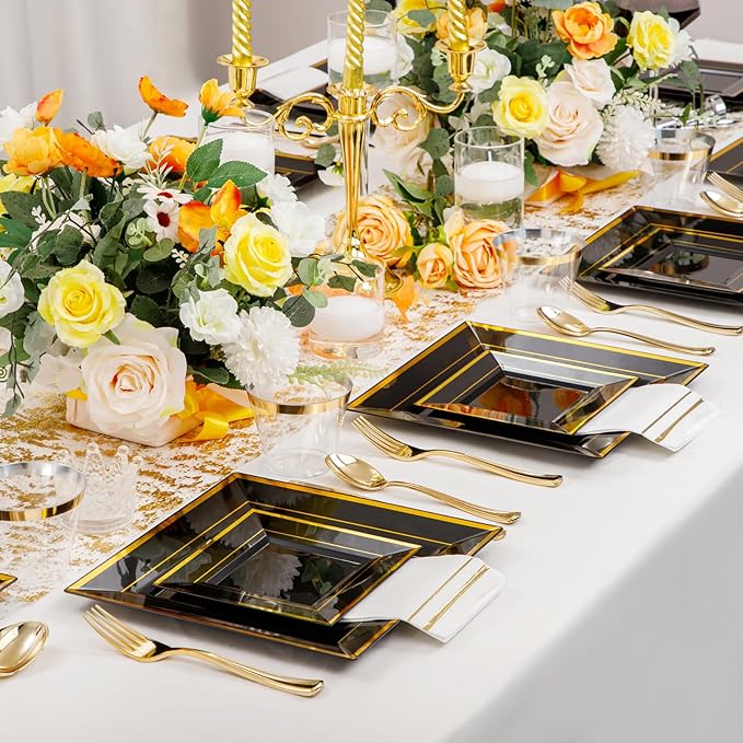 Festiva 350Pcs Black and Gold Plastic Plates-50Guests Disposable Square Black Dinnerware Set include 100 Plastic Plates,50Cups,150Plastic Cutlery,50Napkins for Party &Wedding&New Year