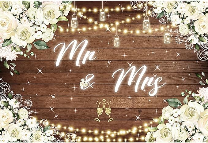 14x10ft Mr and Mrs Floral Backdrop for Bridal Shower White Flowers Photography Background Couple Wedding Party Decorations Bride Engagement Banner Props