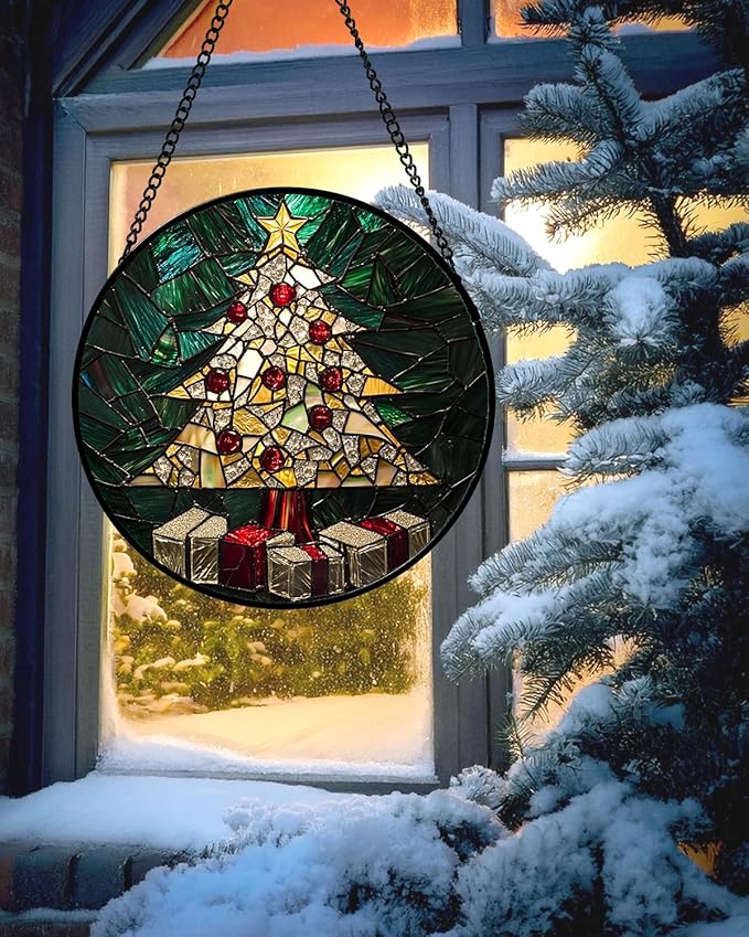 Stained Glass Window Hanging - Golden Christmas Tree Suncatcher for Doors Home Christmas Decoration Winter Sun Catcher Thanksgiving New Year Birthday Gifts for Women Men Mom Nana Girl 11.8 in