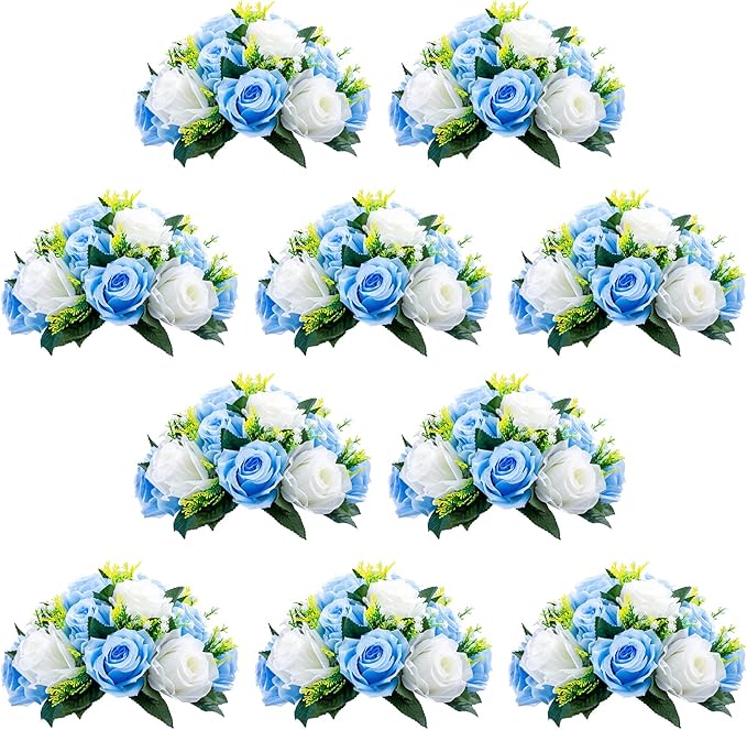 NUPTIO Flower Centerpieces for Wedding Tables: 10 Pcs Blue & White Artificial Flower Ball Arrangement for Weddings Party - Fake Floral Rose for Birthday Bridal Shower Decorations