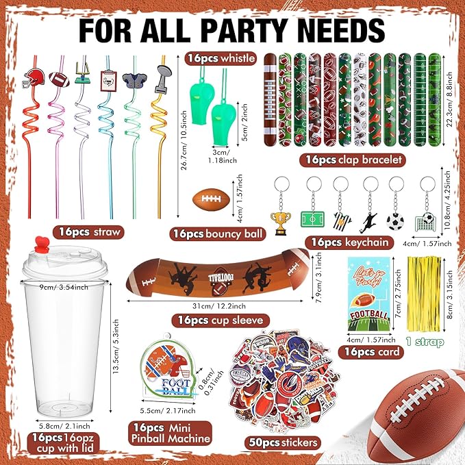 Party Favors Set with Cup Straw Cup Sleeve Bouncy Ball Mini Pinball Machine Keychain Sticker Clap Bracelet Tag for Sport Reward Birthday Gift Party Supplies(195 Pcs,Football)