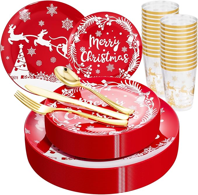 LIYH 150 Pcs Plastic Christmas Dinnerware Set, Red Christmas Plates with Reindeer Design, Gold Plastic Silverware, Xmas Gold Cups, Festive Holiday Tableware Party Supplies
