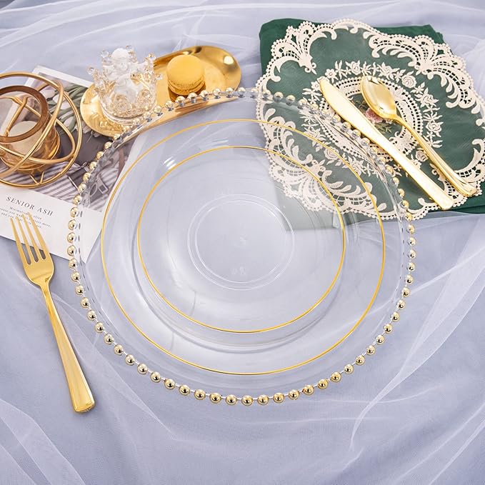 Nervure 100 Pieces Clear and Gold Plastic Plates - 10.25inch Gold Dinner Plate - Heavyweight Clear Disposable Plates Ideal for Party & Wedding
