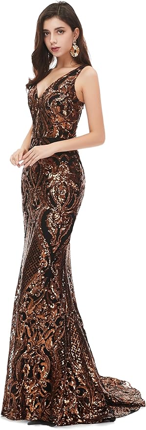Women's Double V-Neck Sequins Lace-up Mermaid Evening Dress
