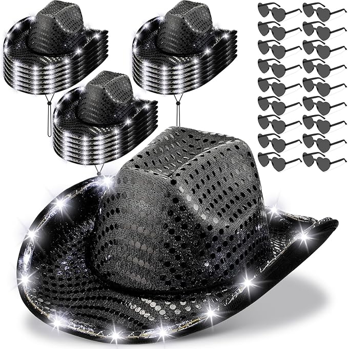 Zhanmai 18 Set LED Cowboy Hat Light Up Glitter Sequin Cowgirl Hat with Sunglasses for Adult Wedding Halloween Costume