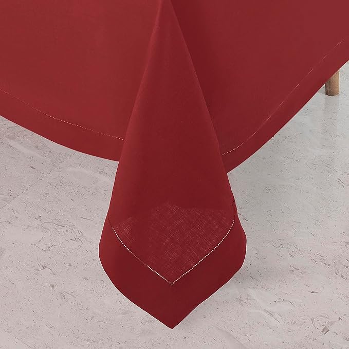 D'Moksha Homes Red Linen Tablecloth for Rectangle Tables 60 x 84 Inch - Classic Hemstitch 100% Pure Linen Red Table Cloth - Machine Washable Dining Tablecloth for Valentines, Spring