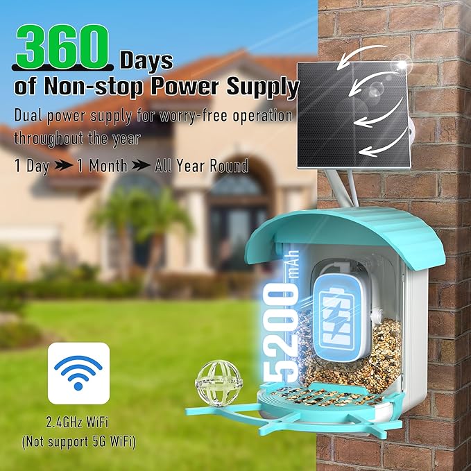 Bird Feeder with Camera 3W Solar Powered Panel Valentines Day Gifts: Smart Bird Feeder for Outdoors with AI Birds Identify Auto Capture, 2K Live Video, Ideal Gift for Parents Men Women(Blue)