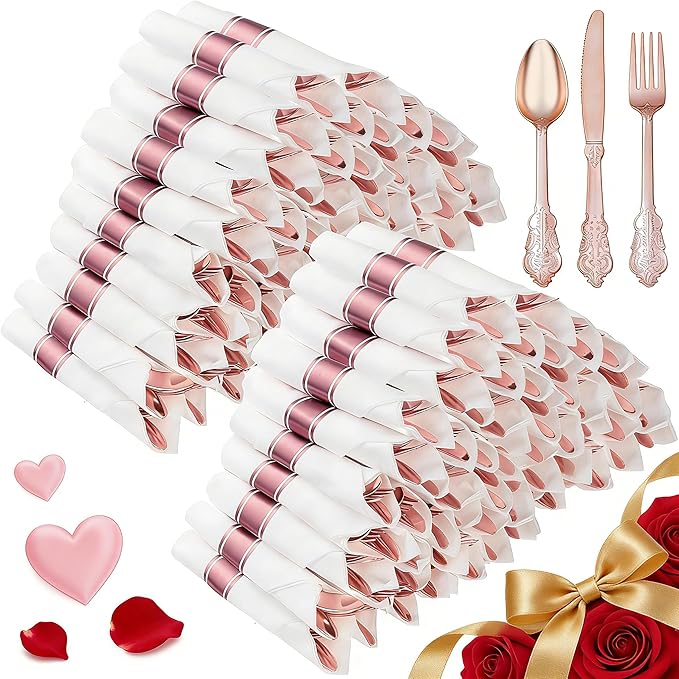 100 Pack Rose Gold Plastic Silverware with Pre Rolled Napkins for 100 Guests, Heavyweight Rose Gold Disposable Utensils Sets Includes 300 Plastic Cutlery, 100 Napkins for Party & Wedding