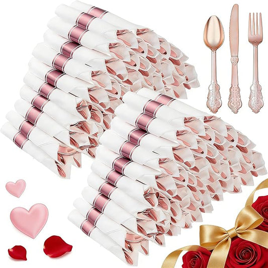 100 Pack Rose Gold Plastic Silverware with Pre Rolled Napkins for 100 Guests, Heavyweight Rose Gold Disposable Utensils Sets Includes 300 Plastic Cutlery, 100 Napkins for Party & Wedding