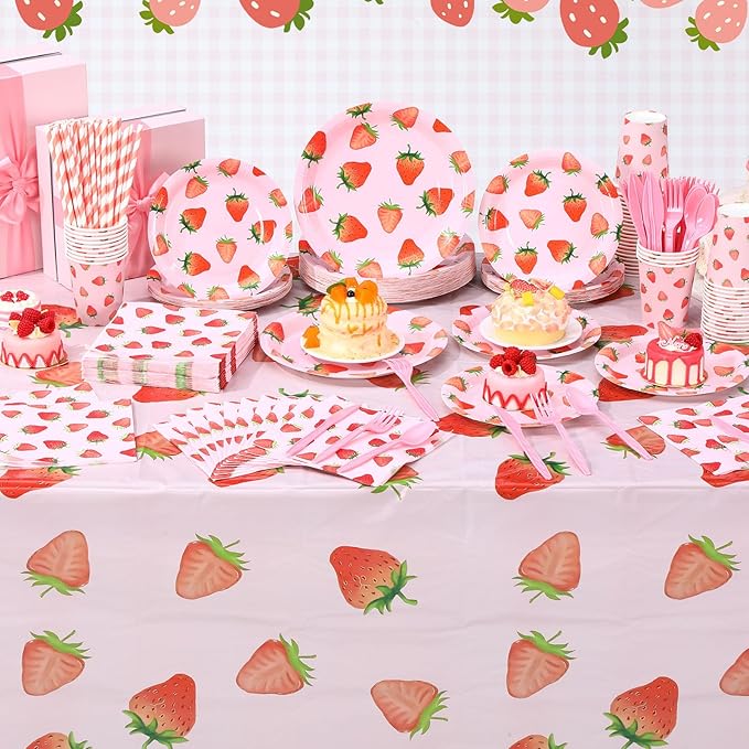452 Pcs Strawberry Birthday Party Decorations, Strawberry Paper Plates Napkins Cups Tablecloth Cutlery Straws for Summer Fruit Theme Baby Shower Birthday Party Supplies
