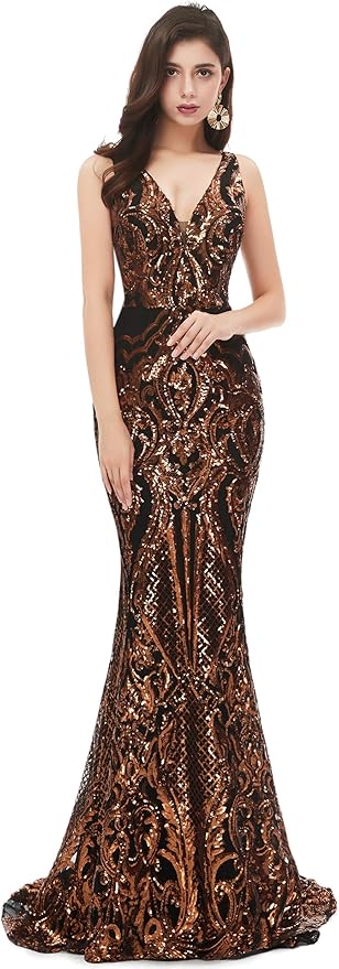 Women's Double V-Neck Sequins Lace-up Mermaid Evening Dress