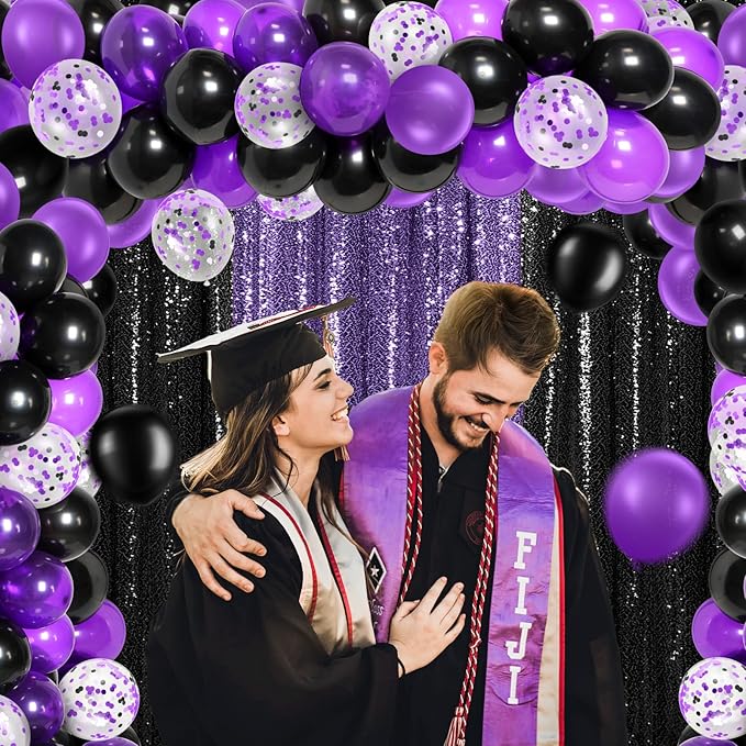 137 Pcs Purple Black Party Backdrop Kits - 4 Sequin Backdrop Curtain 133 Balloon Arch Garland Kit Photo Background for Birthday Christmas New Year Halloween Graduation Weeding Decor