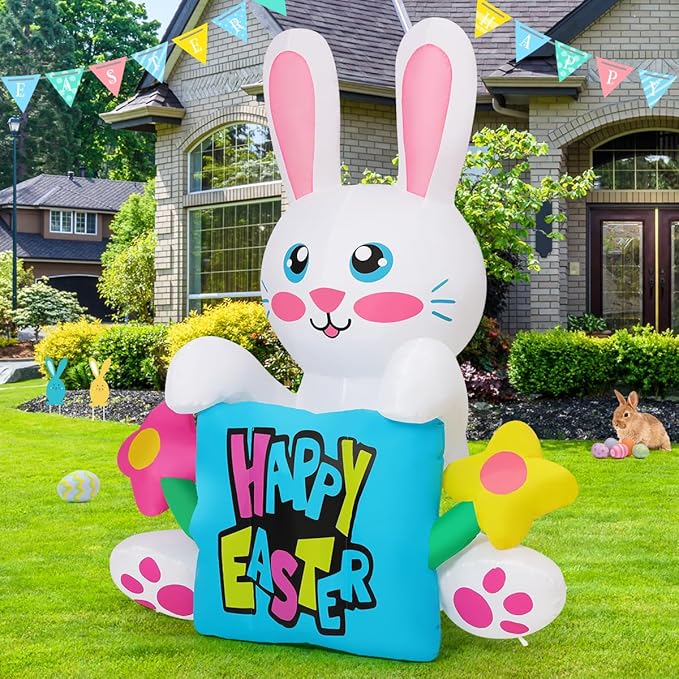COMIN 5.2 FT Tall Easter Inflatables Rabbit Hold Flower Sign Outdoor Decorations Blow Up Yard with Built-in LEDs for Indoor Party Garden Lawn Decor