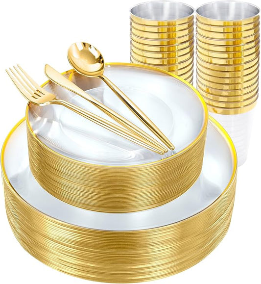 EI 180pcs Gold Plastic Plates,Clear Plates with Gold Trim,Plastic Plate for Party,Clear Dinnerware Set Silverware Cups for Baby Shower,Wedding,Spring Afternoon Tea