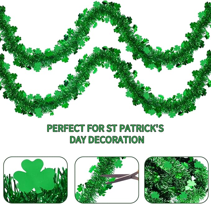 196 FT St. Patrick's Day Tinsel Garland, Green Shamrock Metallic Garland for Irish St. Patrick's Day Party Wall Tree Decoration