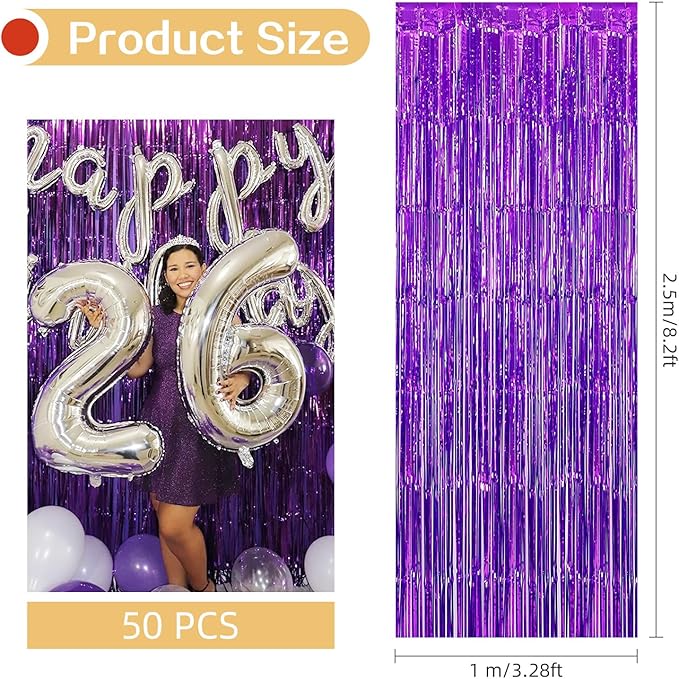 Purple Foil Fringe Curtains 50 Pack 3.2ft x 8.2ft Fringe Backdrop Curtains Metallic Tinsel Streamer Photo Backdrop for Birthday Party Decorations Halloween Christmas Party Supply (Purple)