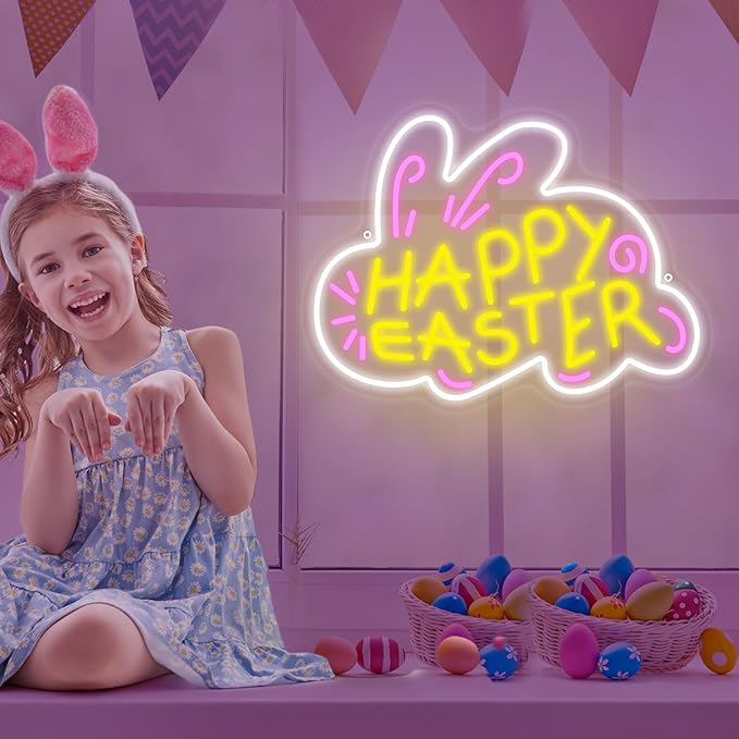 Happy Easter Neon Signs for Wall Decor, Bunny Light Up Sign, Happy Easter Home Wall Decoration for Bedroom, Bar, Kid Room Party Gifts