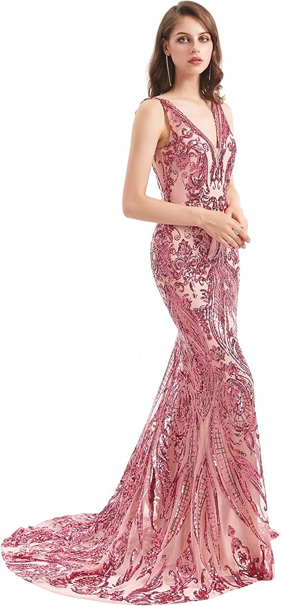 Women's Double V-Neck Sequins Lace-up Mermaid Evening Dress