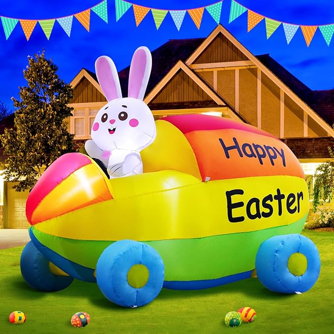 2025 New Huge Easter Inflatable Bunny Driving Car Outdoor Decorations, Build-in LED Lights Holiday Blow Up Yard Decoration, for Easter Holiday Party, Outdoor,Garden, Yard Lawn Décor