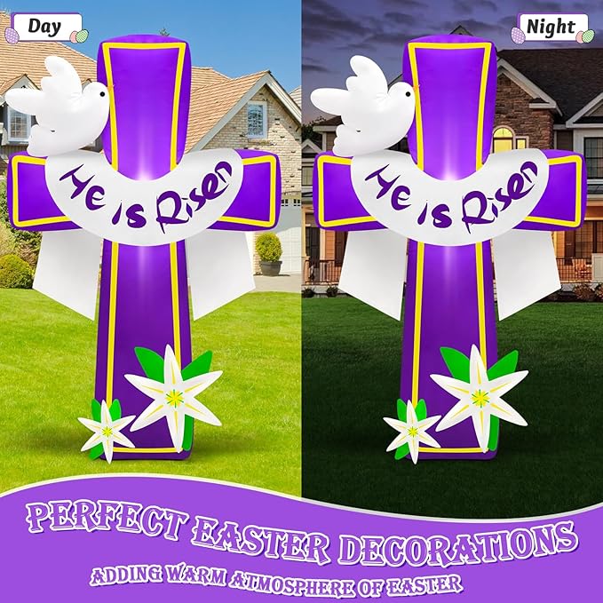 MICOCAH 4.5FT Easter Inflatables Outdoor Decorations He is Risen Inflatable Cross Blow Up with Lilies and Doves Build in LED Lights for Indoor Yard Garden Lawn Party Holiday Christian