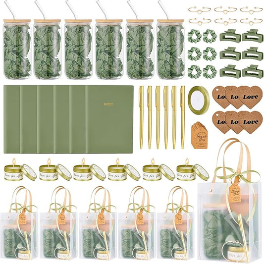 68Pcs Baby Shower Prizes for Game Winners Gifts Wedding Bridal Shower Gifts Including Glass Cans Notebooks Soy Candles Hair Clips for Baby Shower Wedding Bridal Shower Game Prizes (6, Green)