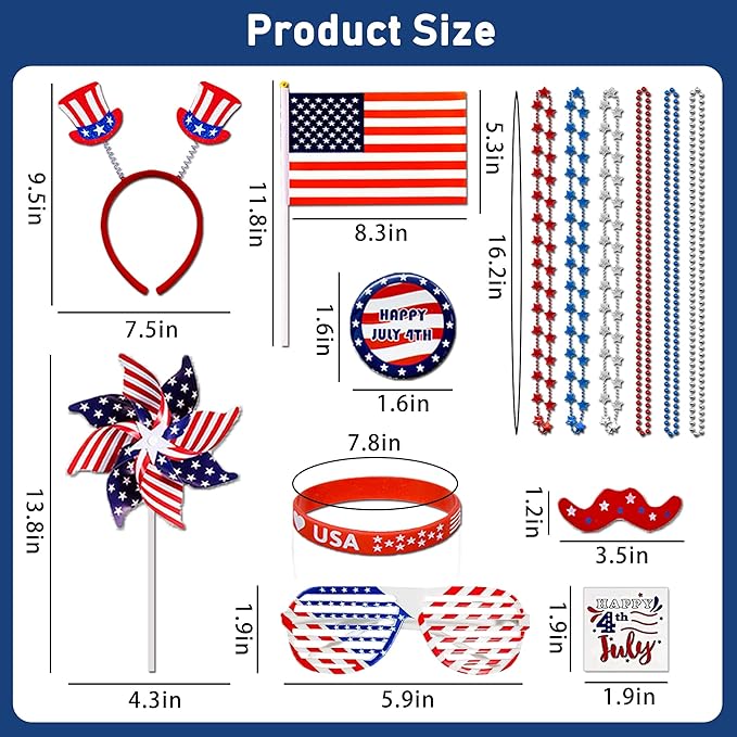 136PCS 4th of July Accessories - Patriotic Party Favors Fourth of July Decoration Supplies Headband Shutter Glasses Tattoo Sticker Necklace Flag American Memorial Independence Day USA Themed