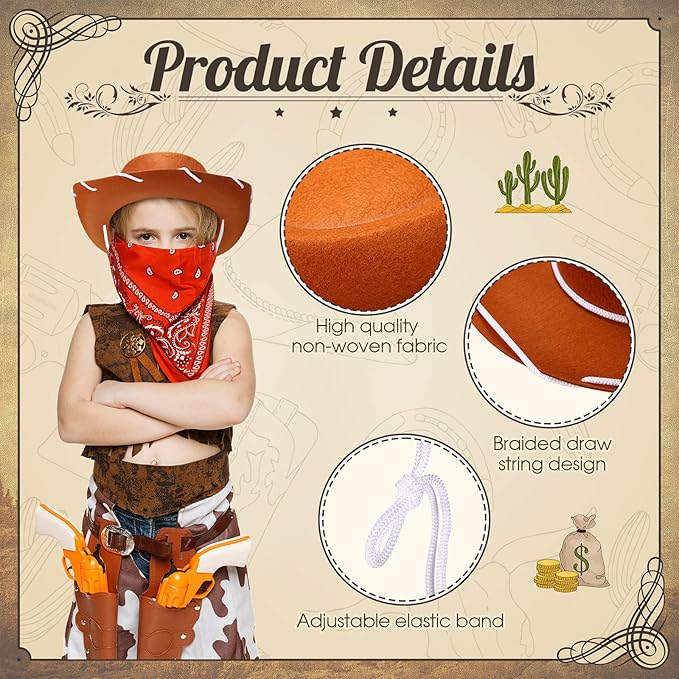 Unittype 18 Sets Cowboy Hats and Bandanas Bulk Kids Western Cowboy Costume Accessories Kids Party Supplies